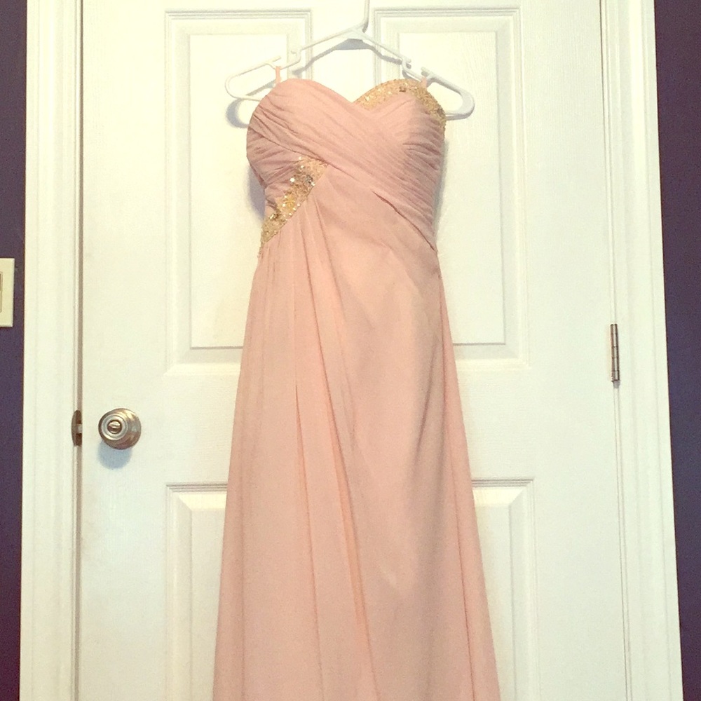 Blush floor length gown with silver/yellow beading
